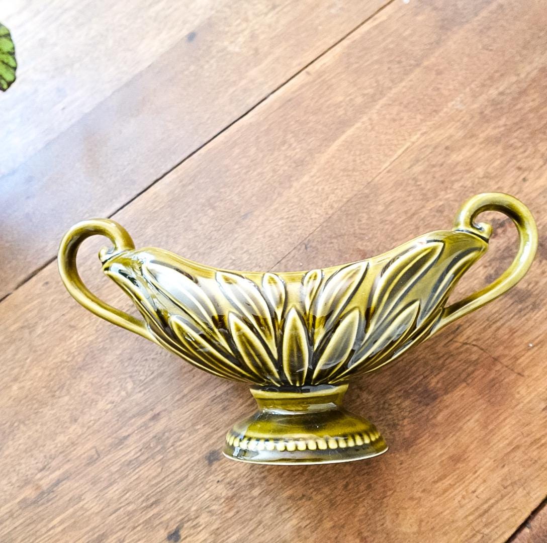 Vintage DevonWay Ceramic Centerpiece Vase: Mid-Century Modern Green Footed Planter