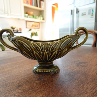 Vintage DevonWay Ceramic Centerpiece Vase: Mid-Century Modern Green Footed Planter