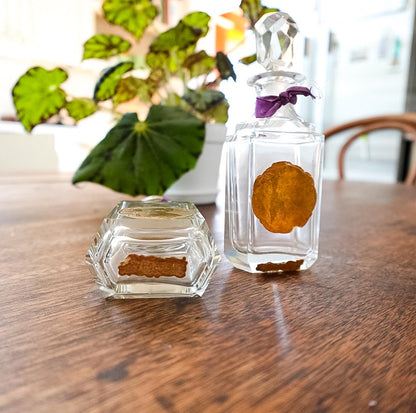 Vintage Perfume Bottle Set: Clear Glass Bottles in Purple Silk Box