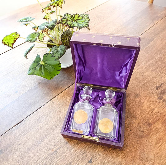 Vintage Perfume Bottle Set: Clear Glass Bottles in Purple Silk Box