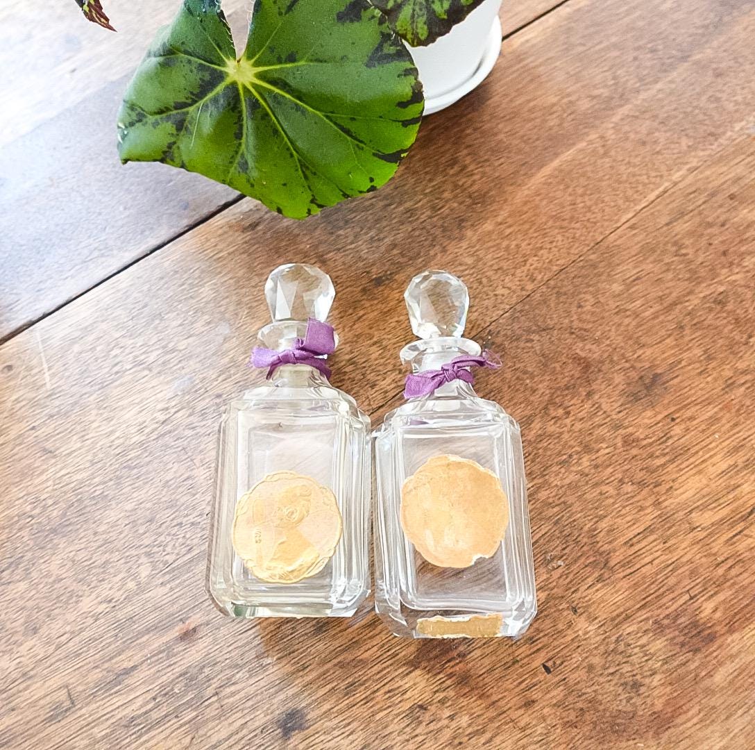 Vintage Perfume Bottle Set: Clear Glass Bottles in Purple Silk Box