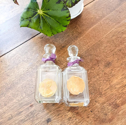 Vintage Perfume Bottle Set: Clear Glass Bottles in Purple Silk Box