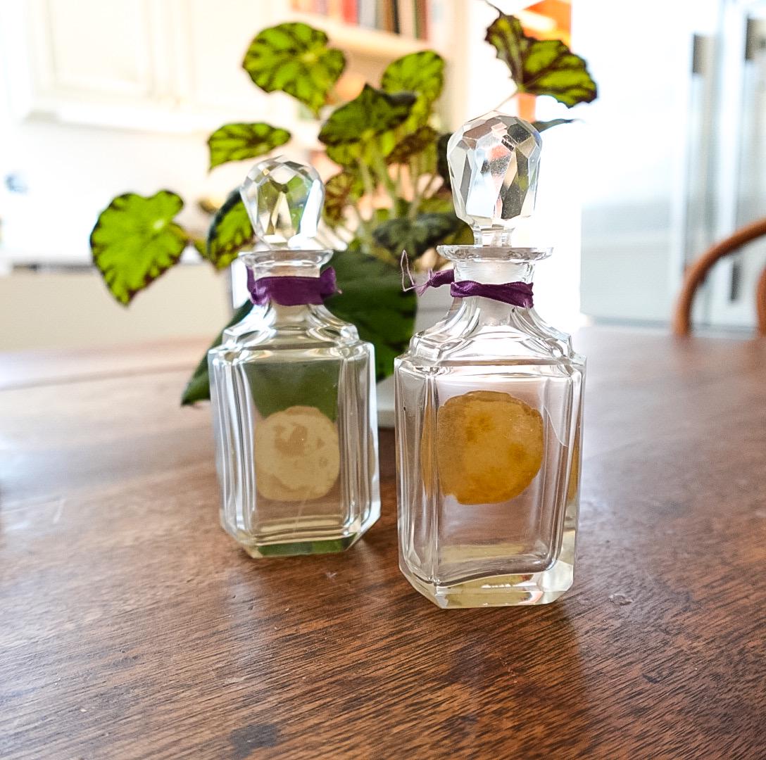 Vintage Perfume Bottle Set: Clear Glass Bottles in Purple Silk Box