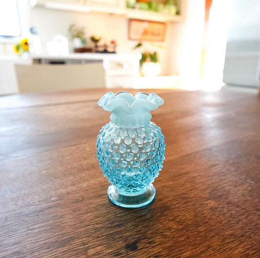Vintage Fenton Blue Hobnail Vase: Mid-Century Ruffled Art Glass