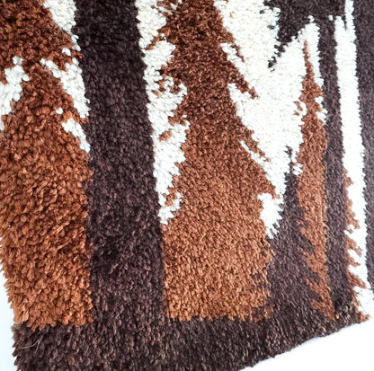 1970s Latch Hook Sunset Forest Tapestry: Mid-Century Modern Wool Wall Hanging