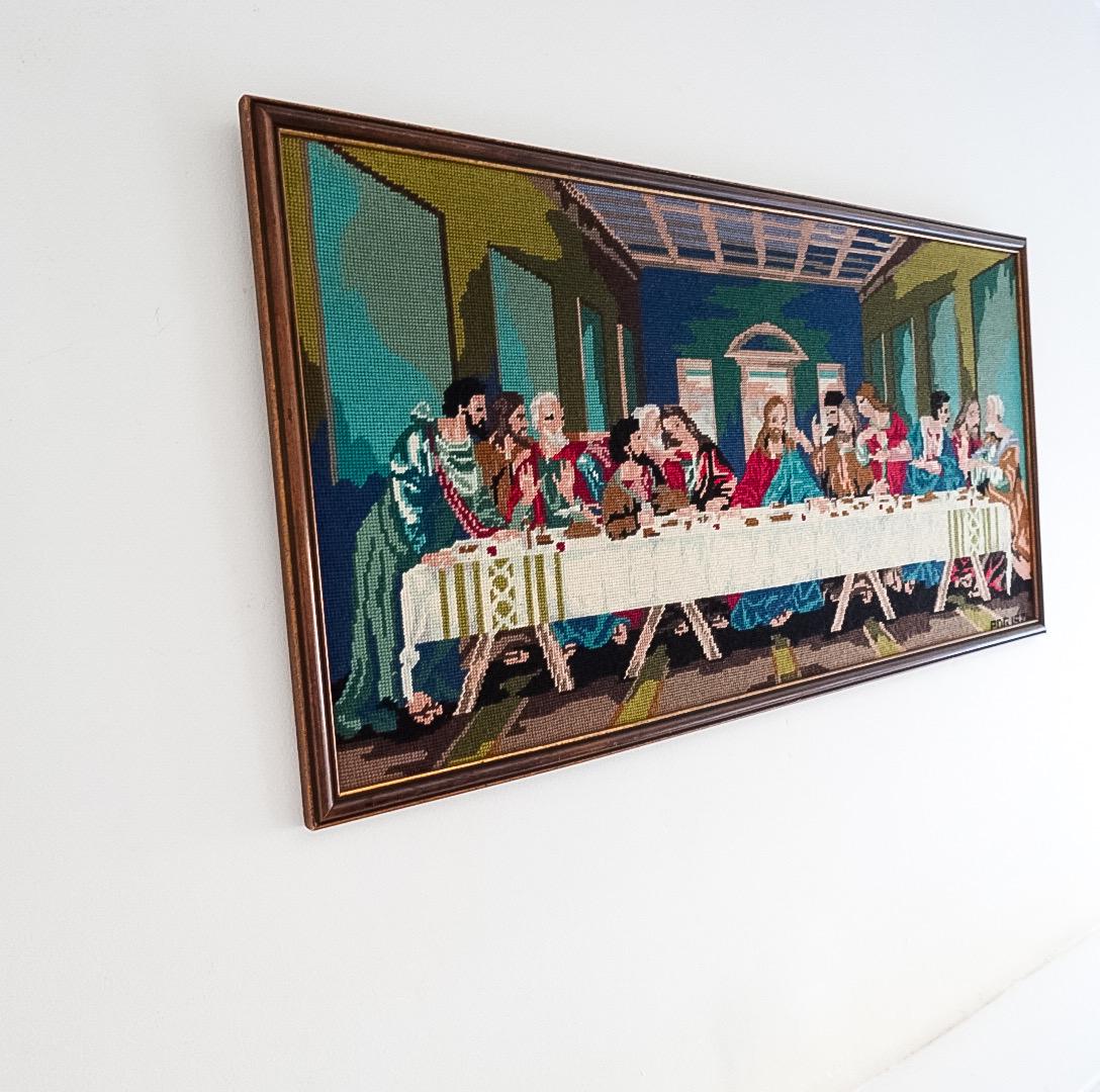 Framed Last Supper Needlepoint: Mid-Century Religious Textile Art (19x36