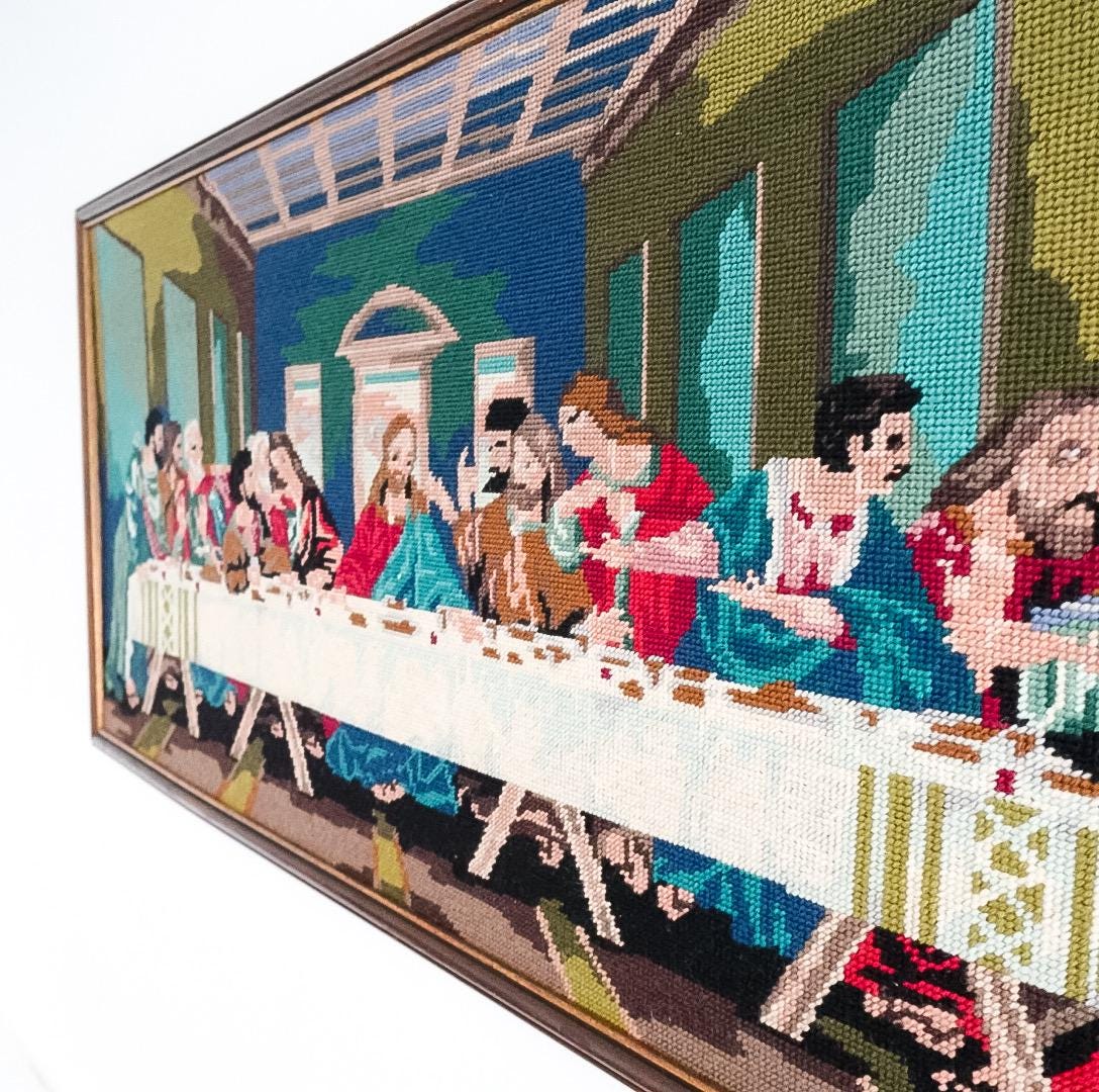 Framed Last Supper Needlepoint: Mid-Century Religious Textile Art (19x36