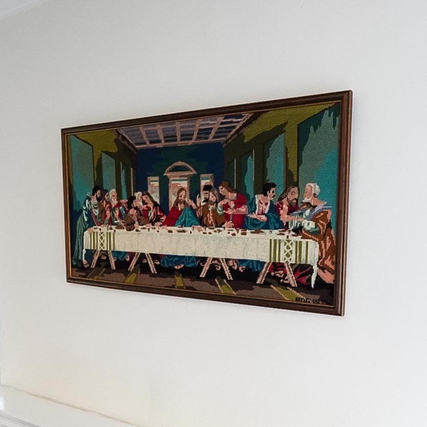 Framed Last Supper Needlepoint: Mid-Century Religious Textile Art (19x36