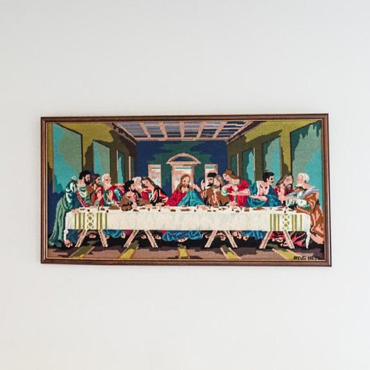 Framed Last Supper Needlepoint: Mid-Century Religious Textile Art (19x36