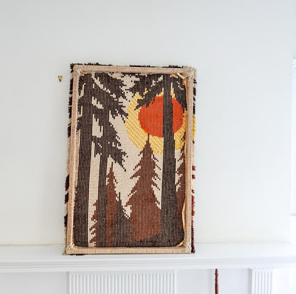 1970s Latch Hook Sunset Forest Tapestry: Mid-Century Modern Wool Wall Hanging