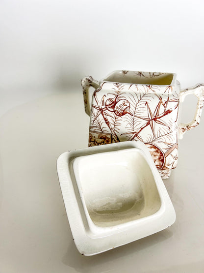 Antique Aesthetic Transferware Sugar with Lid– Brown Bamboo Motif, Victorian Staffordshire