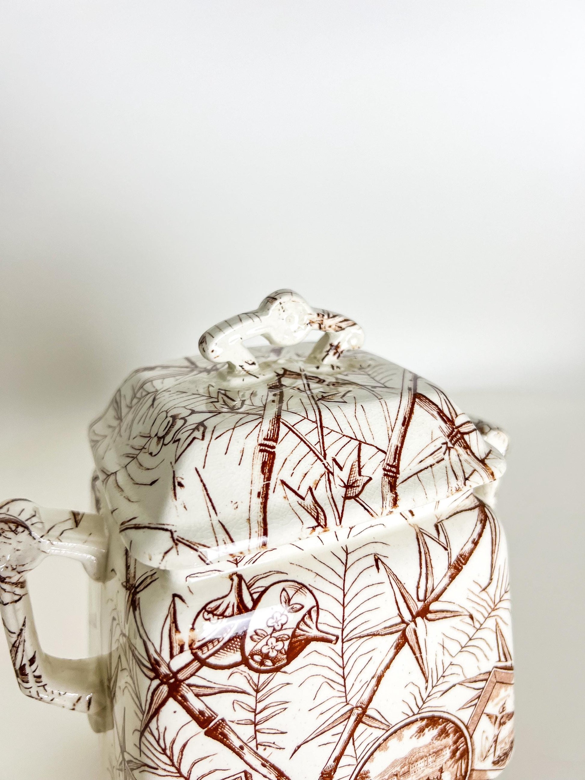 Antique Aesthetic Transferware Sugar with Lid– Brown Bamboo Motif, Victorian Staffordshire