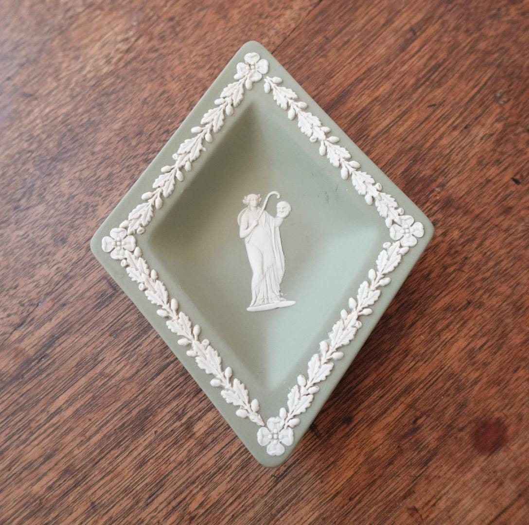 Vintage Wedgwood Sage Green Jasperware Diamond Shaped Trinket Dish - Made in England