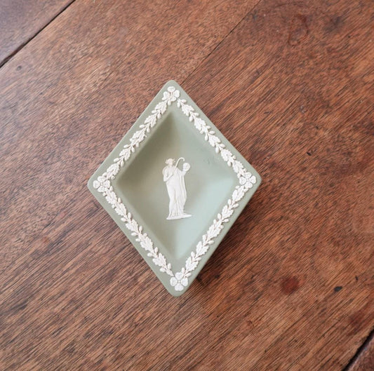 Vintage Wedgwood Sage Green Jasperware Diamond Shaped Trinket Dish - Made in England