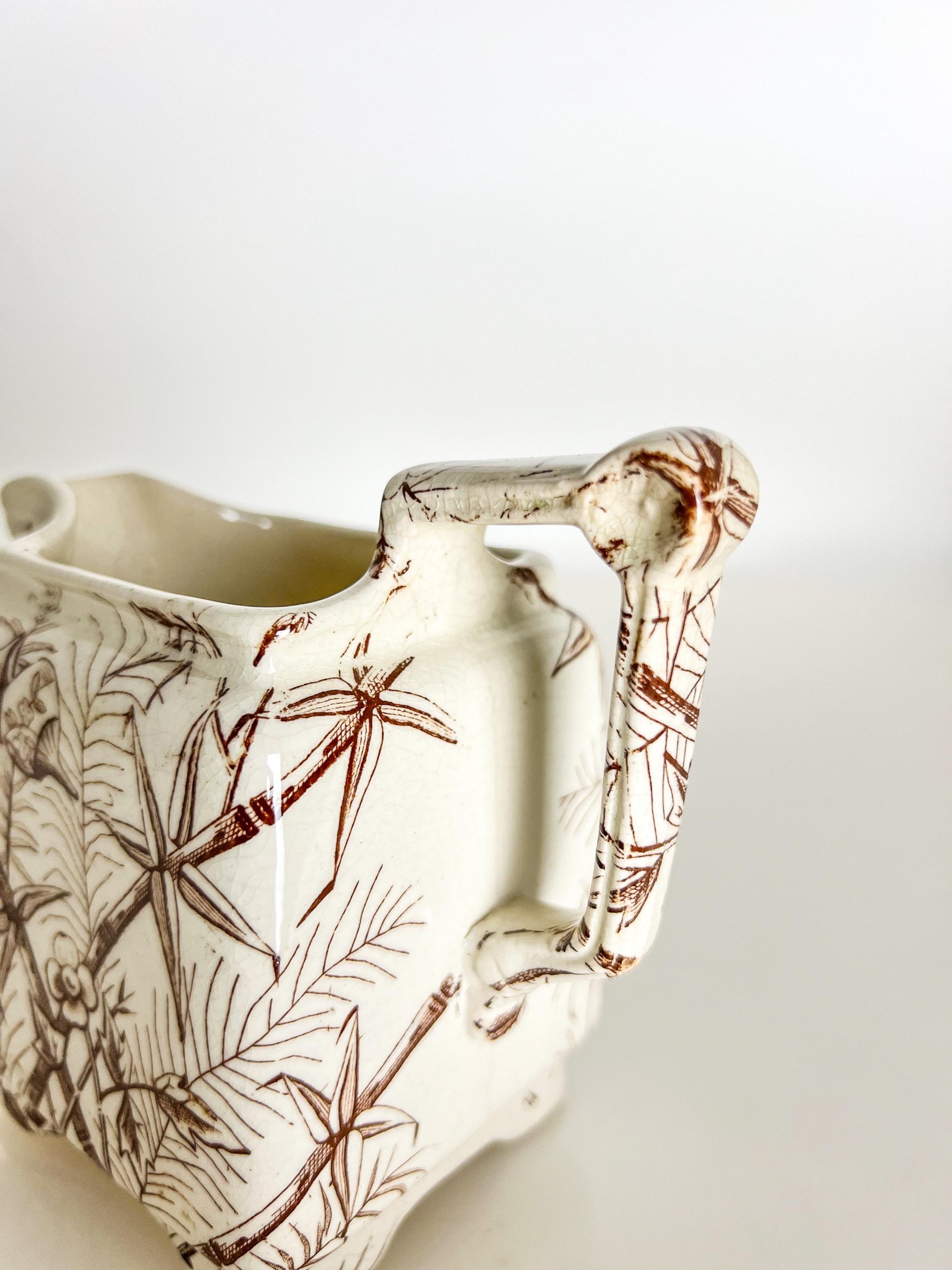 Antique Transferware Creamer: Brown Bamboo Motif, Victorian Staffordshire