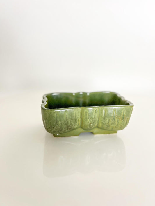 Mid-Century UPCO Green Pottery Planter: Rectangular Scalloped Succulent Pot