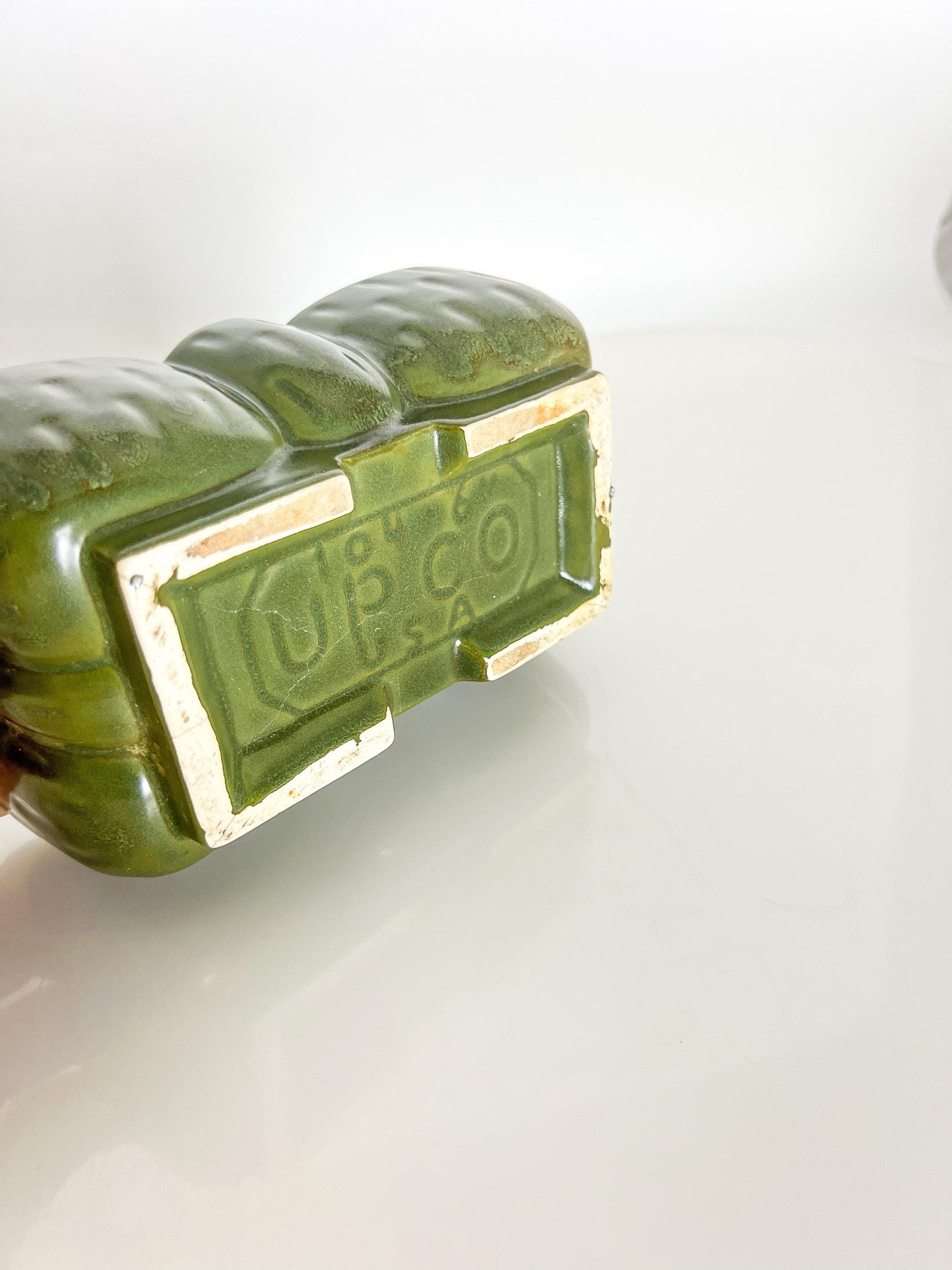 Mid-Century UPCO Green Pottery Planter: Rectangular Scalloped Succulent Pot