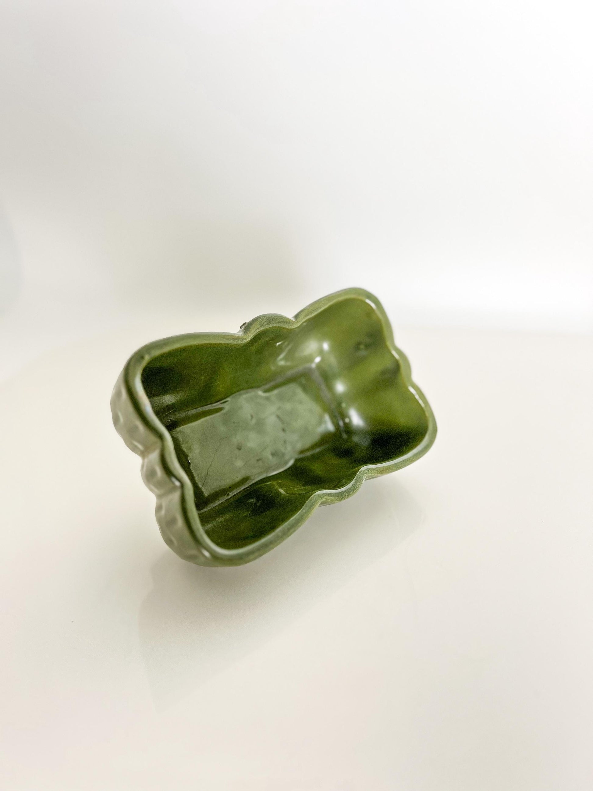Mid-Century UPCO Green Pottery Planter: Rectangular Scalloped Succulent Pot
