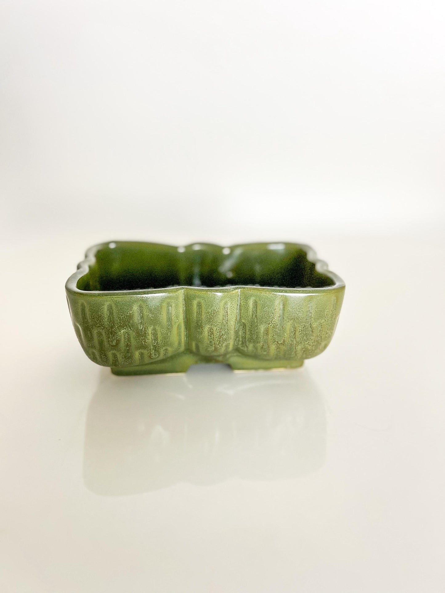 Mid-Century UPCO Green Pottery Planter: Rectangular Scalloped Succulent Pot