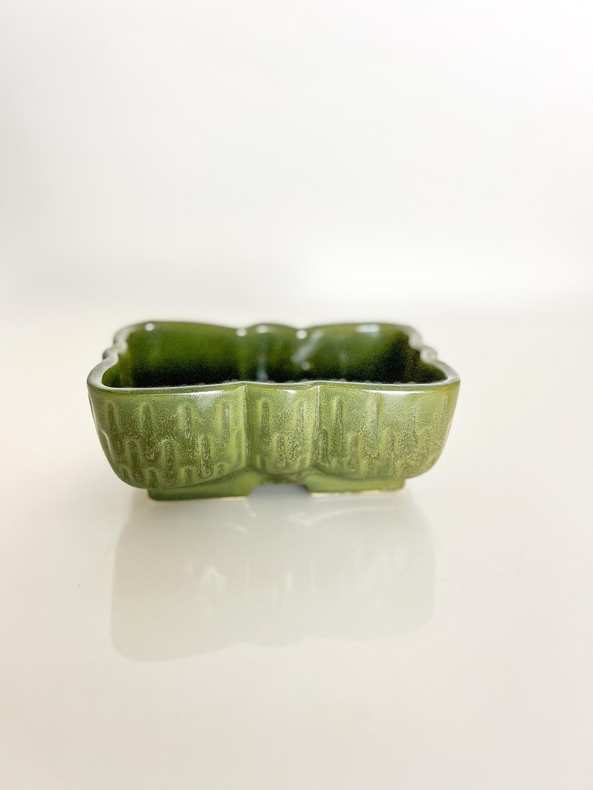 Mid-Century UPCO Green Pottery Planter: Rectangular Scalloped Succulent Pot