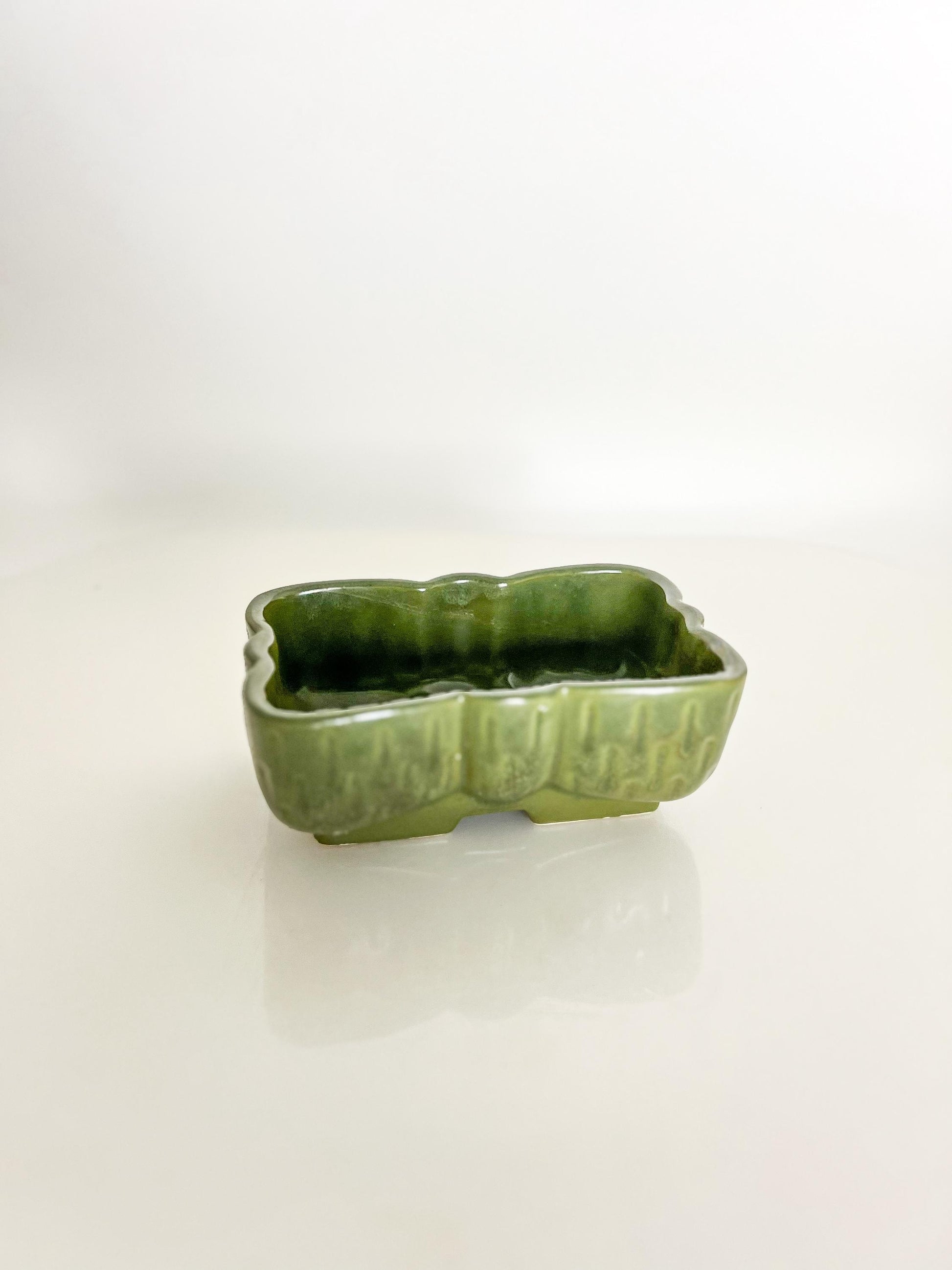 Mid-Century UPCO Green Pottery Planter: Rectangular Scalloped Succulent Pot