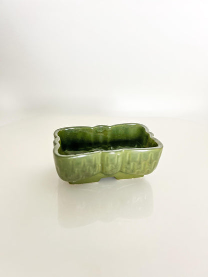 Mid-Century UPCO Green Pottery Planter: Rectangular Scalloped Succulent Pot