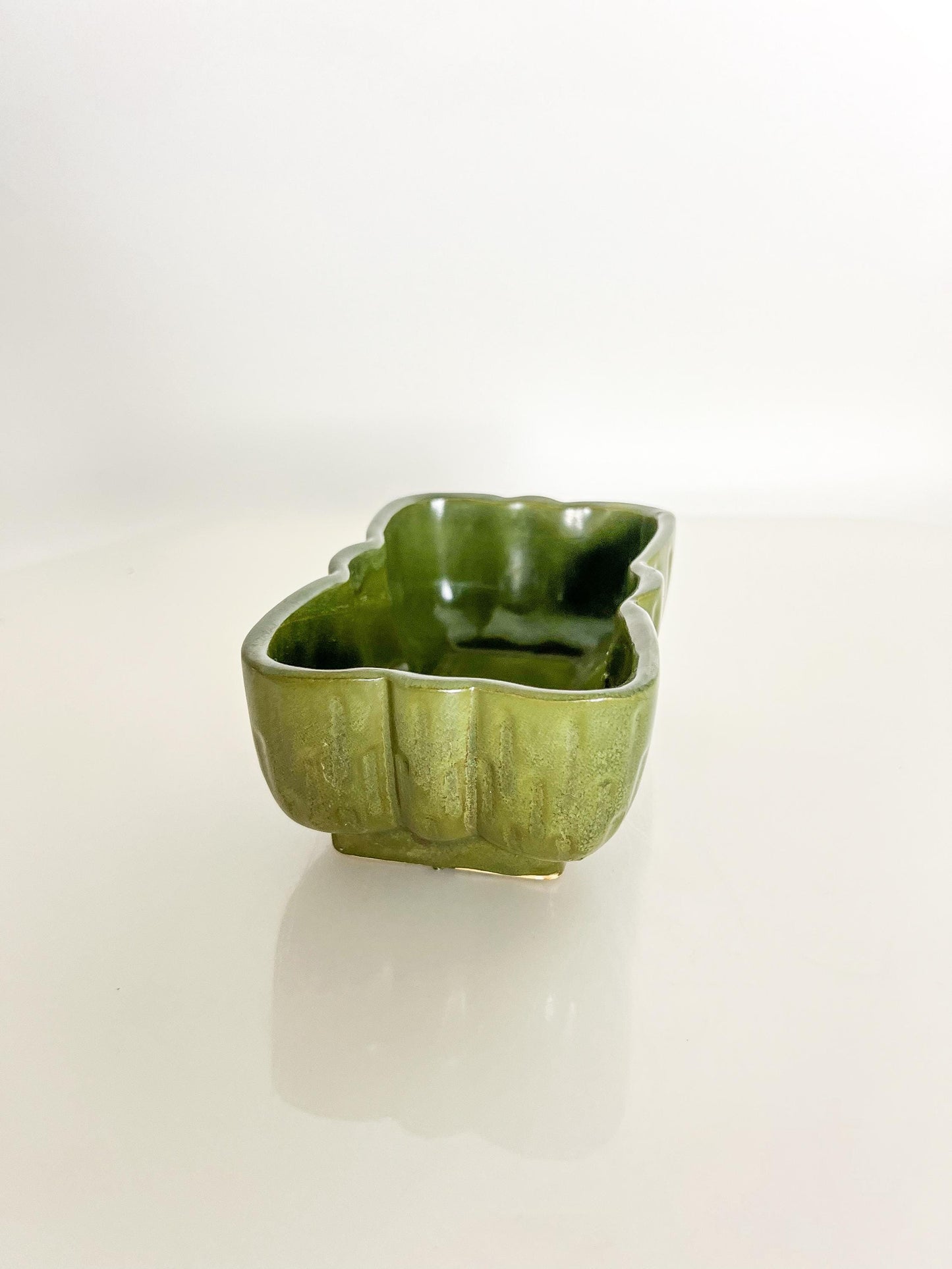 Mid-Century UPCO Green Pottery Planter: Rectangular Scalloped Succulent Pot
