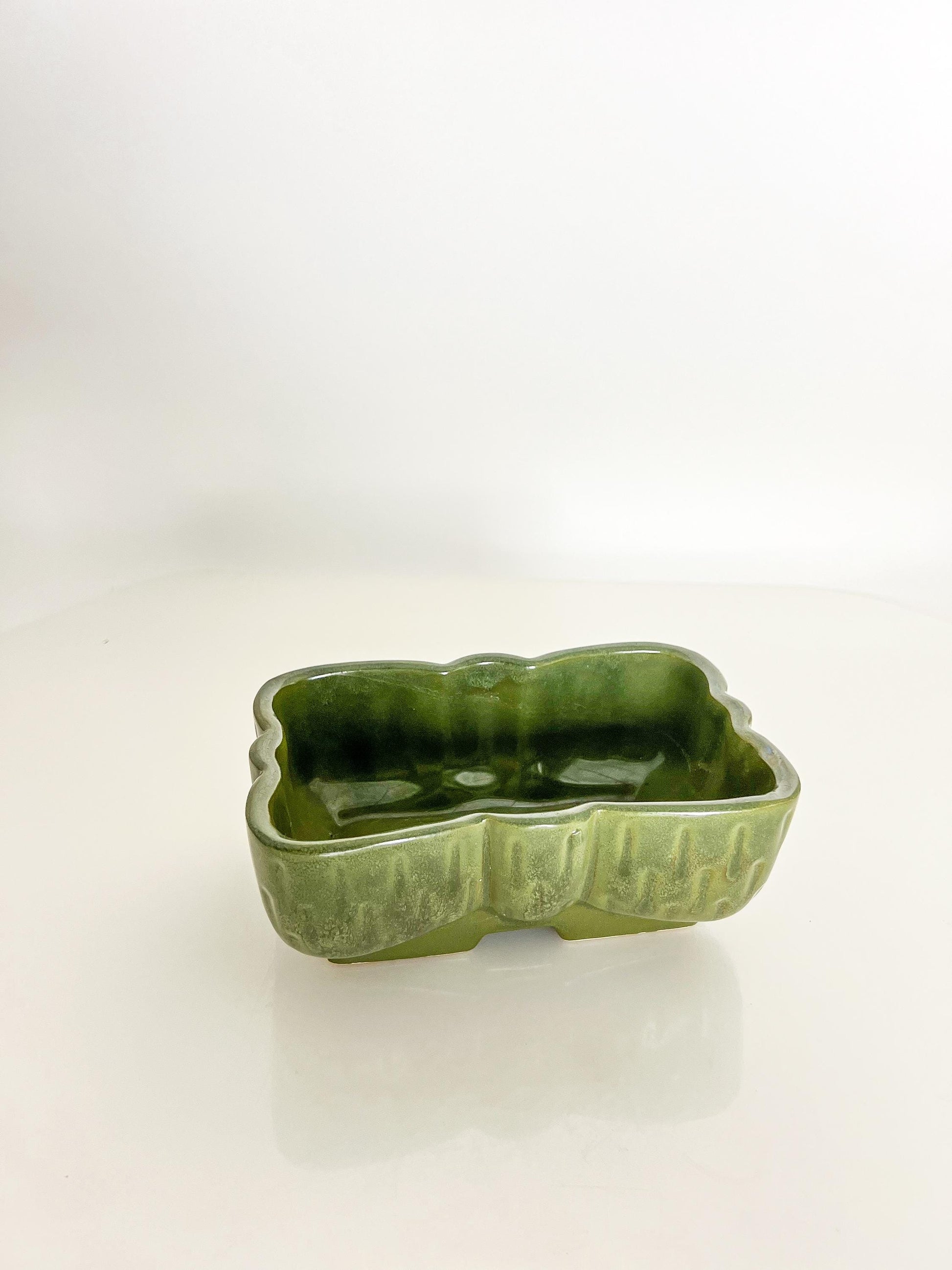 Mid-Century UPCO Green Pottery Planter: Rectangular Scalloped Succulent Pot