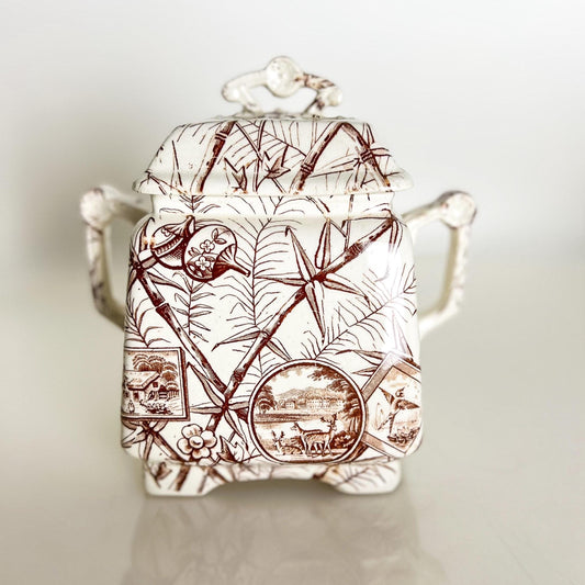 Antique Aesthetic Transferware Sugar with Lid– Brown Bamboo Motif, Victorian Staffordshire