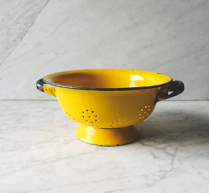 vintage yellow enamel colander strainer made in Poland