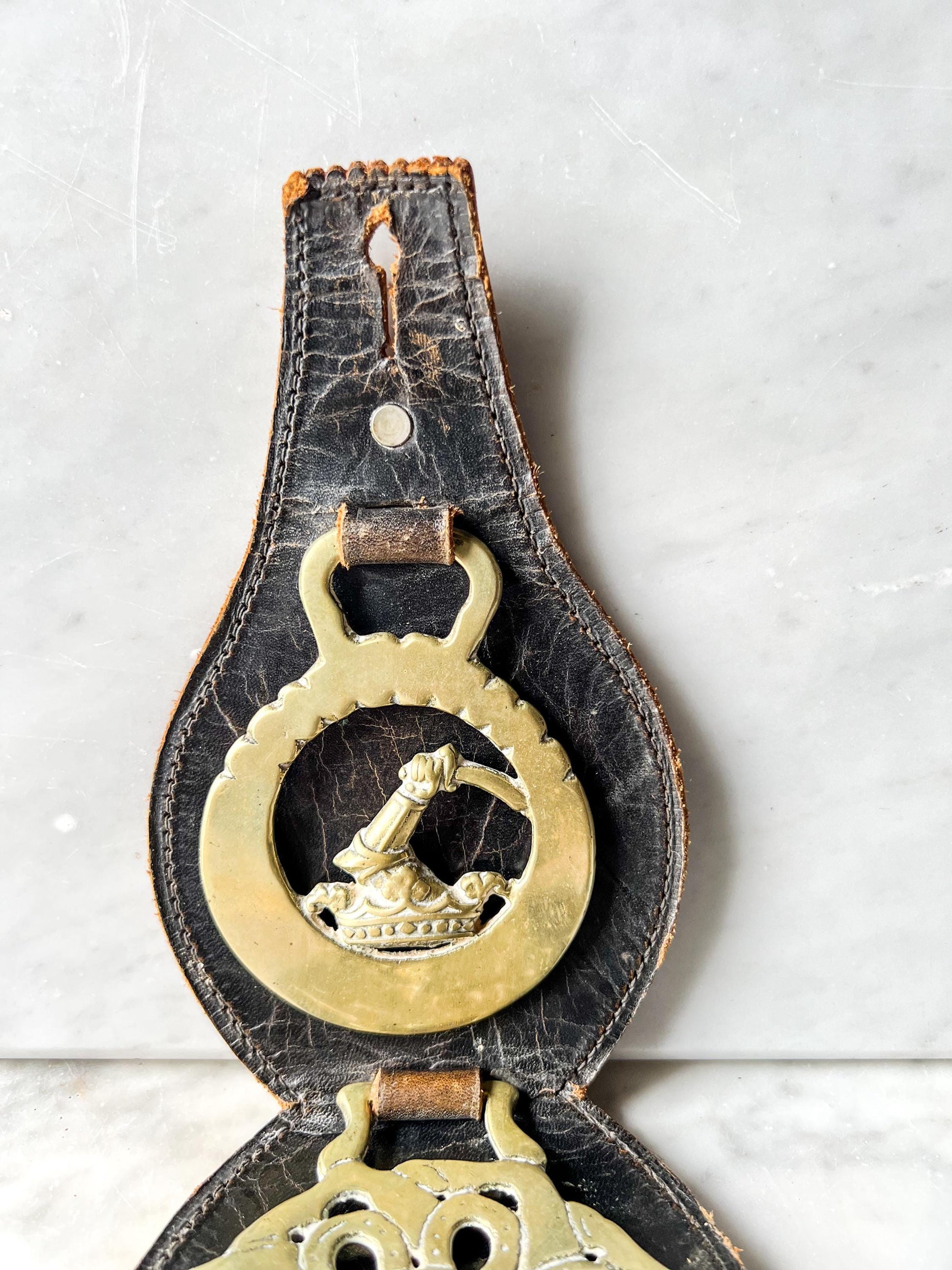 Vintage Brass Horse Brasses Mounted on Leather Strap : Equestrian Decor