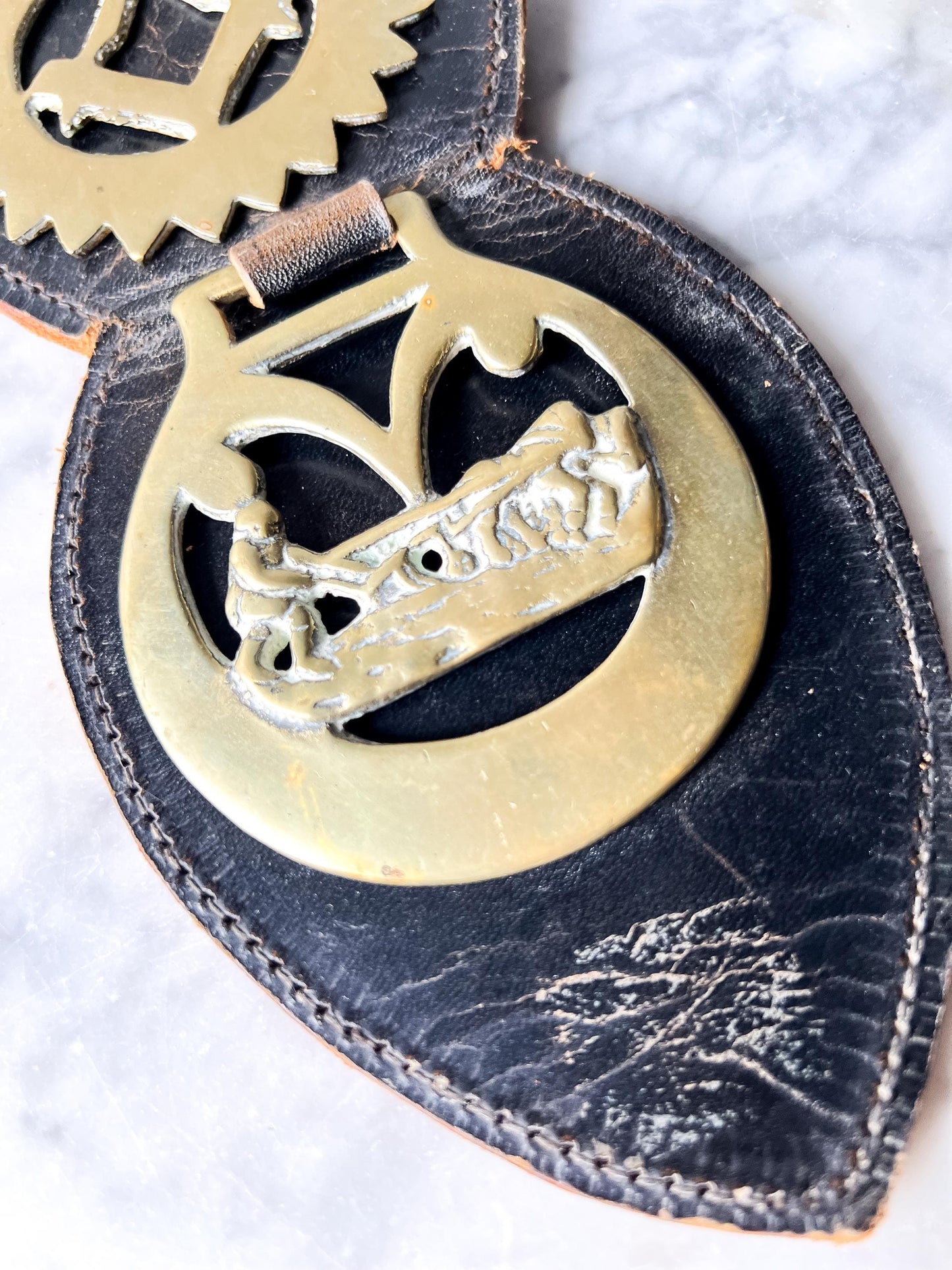 Vintage Brass Horse Brasses Mounted on Leather Strap : Equestrian Decor
