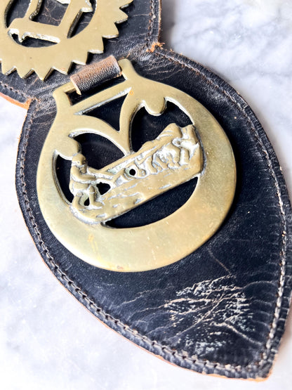 Vintage Brass Horse Brasses Mounted on Leather Strap : Equestrian Decor