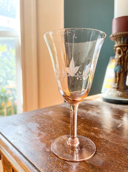 2 Vintage Pink Etched Depression Glass Champagne Coupe, Pair of White Wine Glasses, Vintage Barware, Holiday Stemware