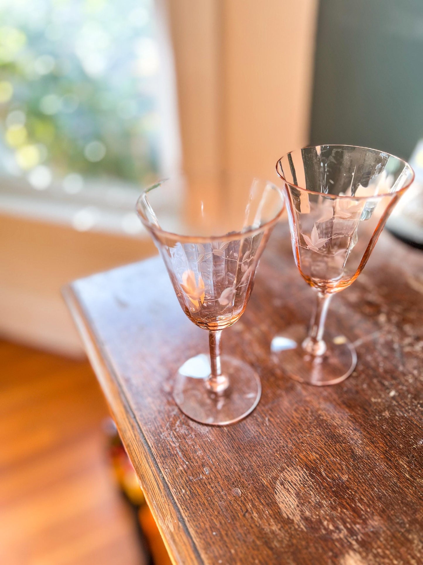 2 Vintage Pink Etched Depression Glass Champagne Coupe, Pair of White Wine Glasses, Vintage Barware, Holiday Stemware