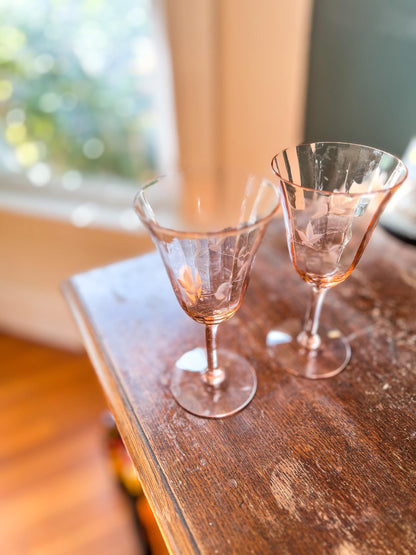 2 Vintage Pink Etched Depression Glass Champagne Coupe, Pair of White Wine Glasses, Vintage Barware, Holiday Stemware