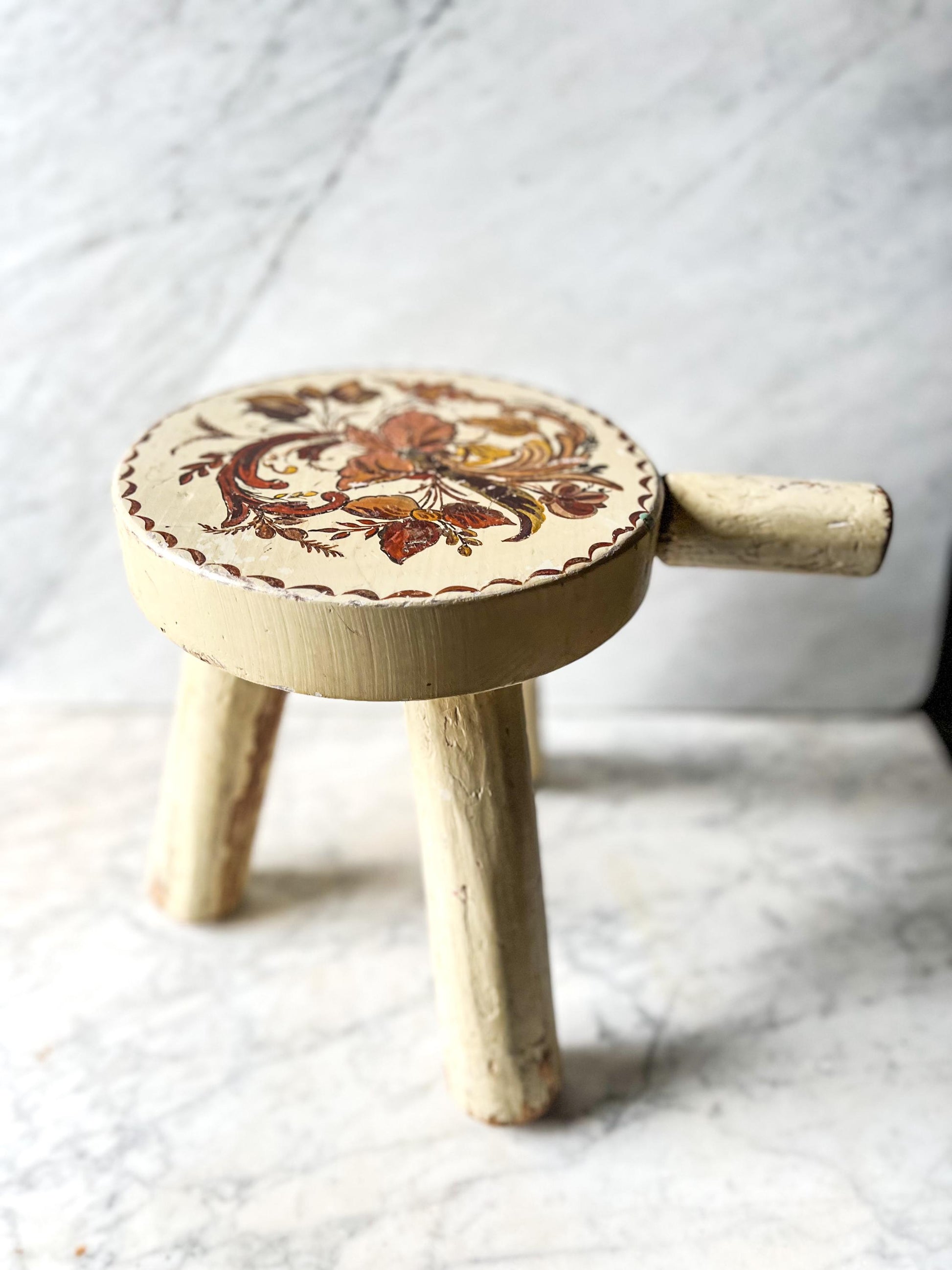 Vintage Yellow WHG Hindeloopen Milking Stool. Hand Painted Dutch. Netherlands