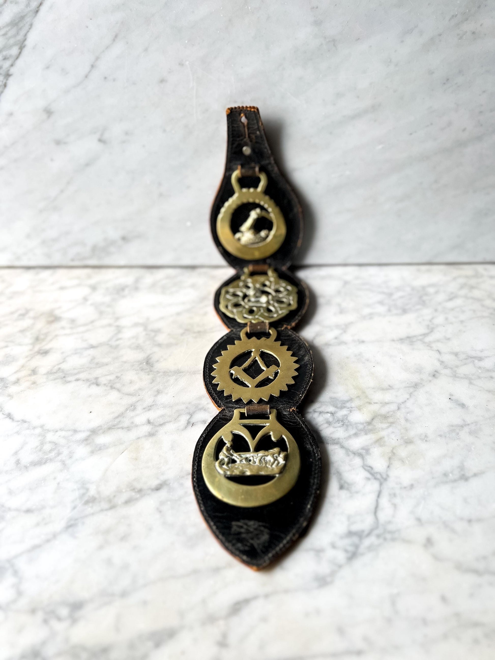 Vintage Brass Horse Brasses Mounted on Leather Strap : Equestrian Decor