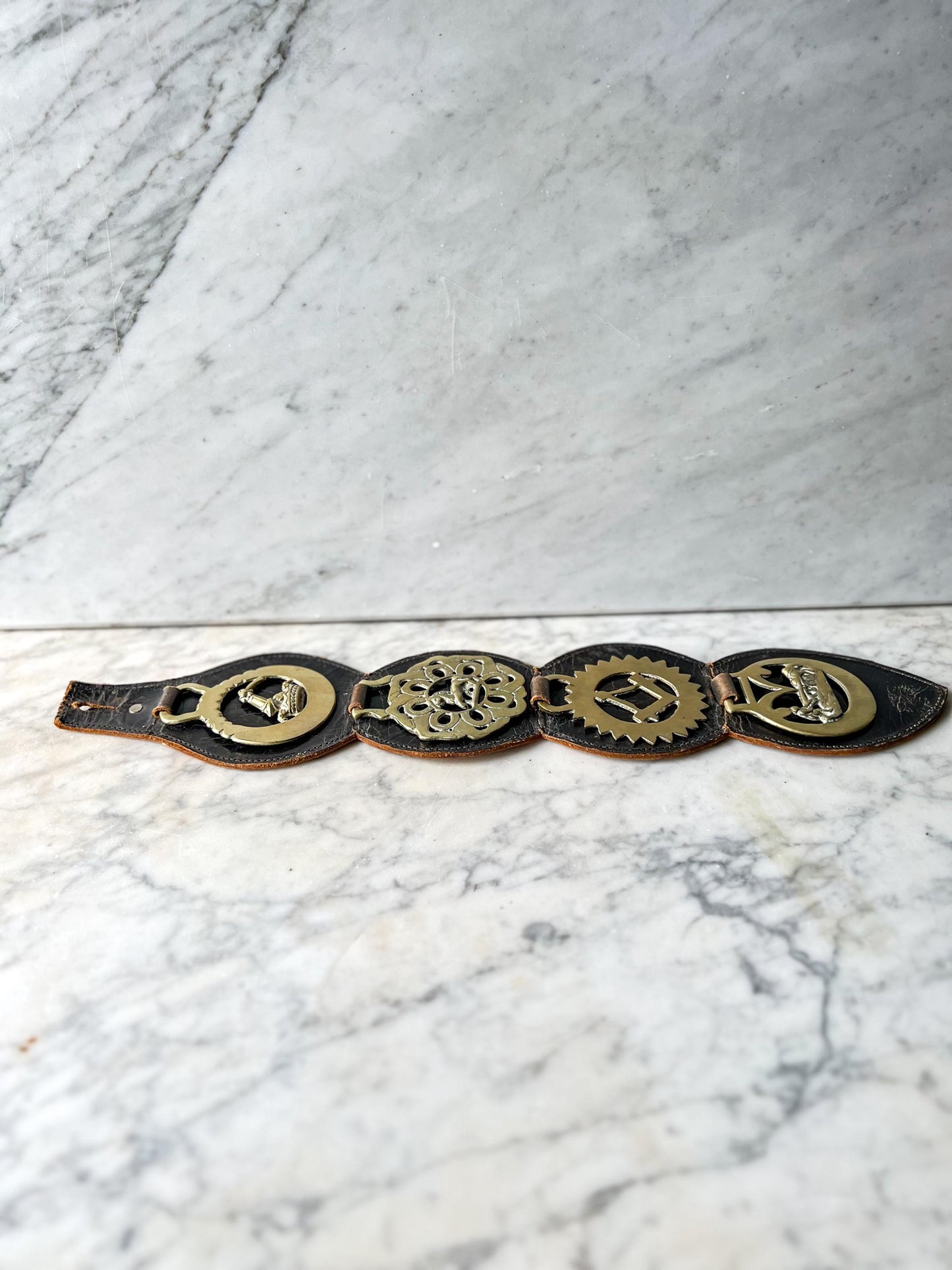 Vintage Brass Horse Brasses Mounted on Leather Strap : Equestrian Decor