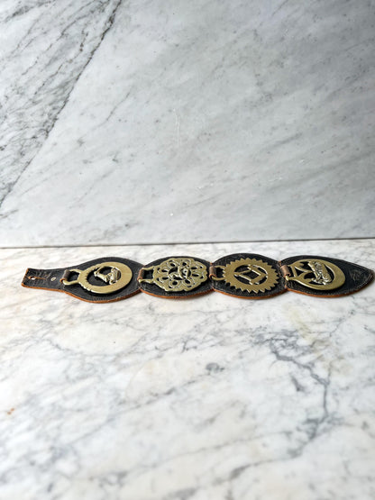 Vintage Brass Horse Brasses Mounted on Leather Strap : Equestrian Decor