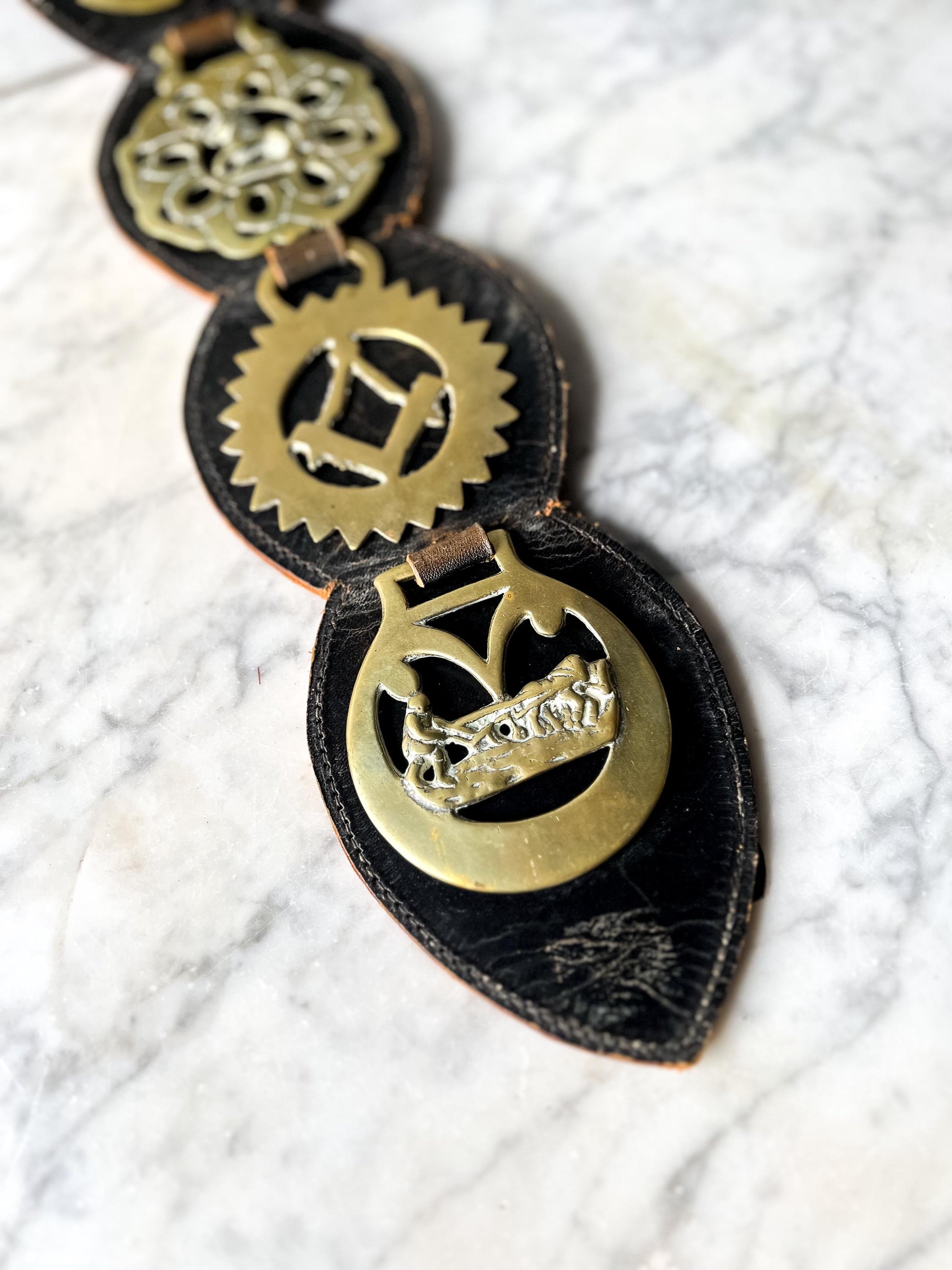 Vintage Brass Horse Brasses Mounted on Leather Strap : Equestrian Decor