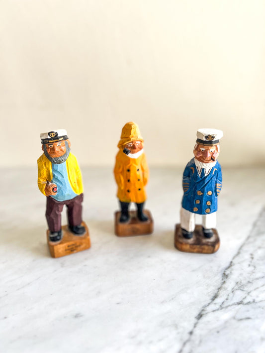 Vintage 6" Wooden Old Salt Sea Captain Carved Figurine, Old Salt Dog Collectible, Nautical Sailor, Fisherman Red Jacket & Black Boots, Fish
