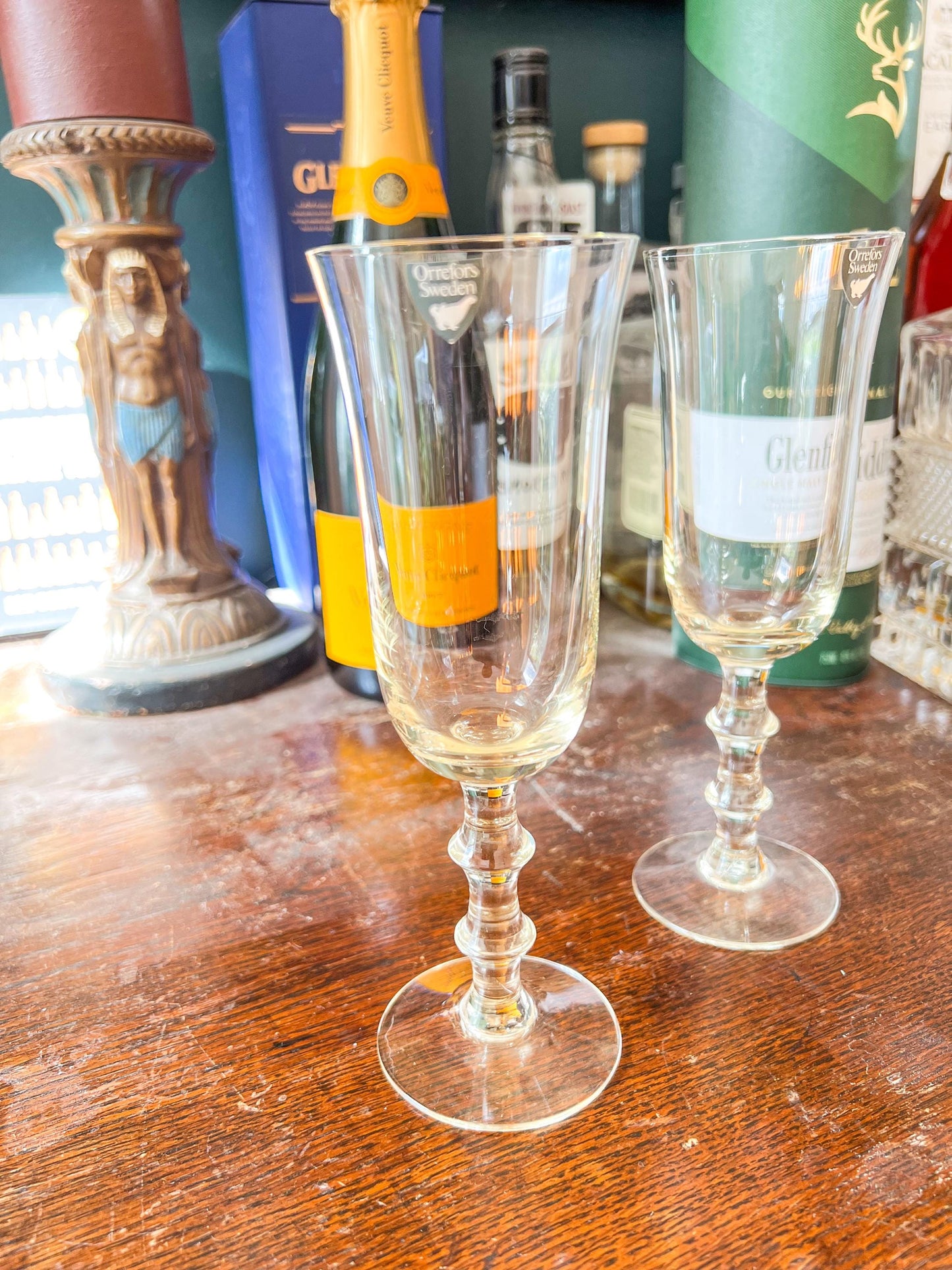Simon Gate for Orrefors, Sweden Two "Salut" Champagne Glasses in Yellow glass, Holiday Stemware