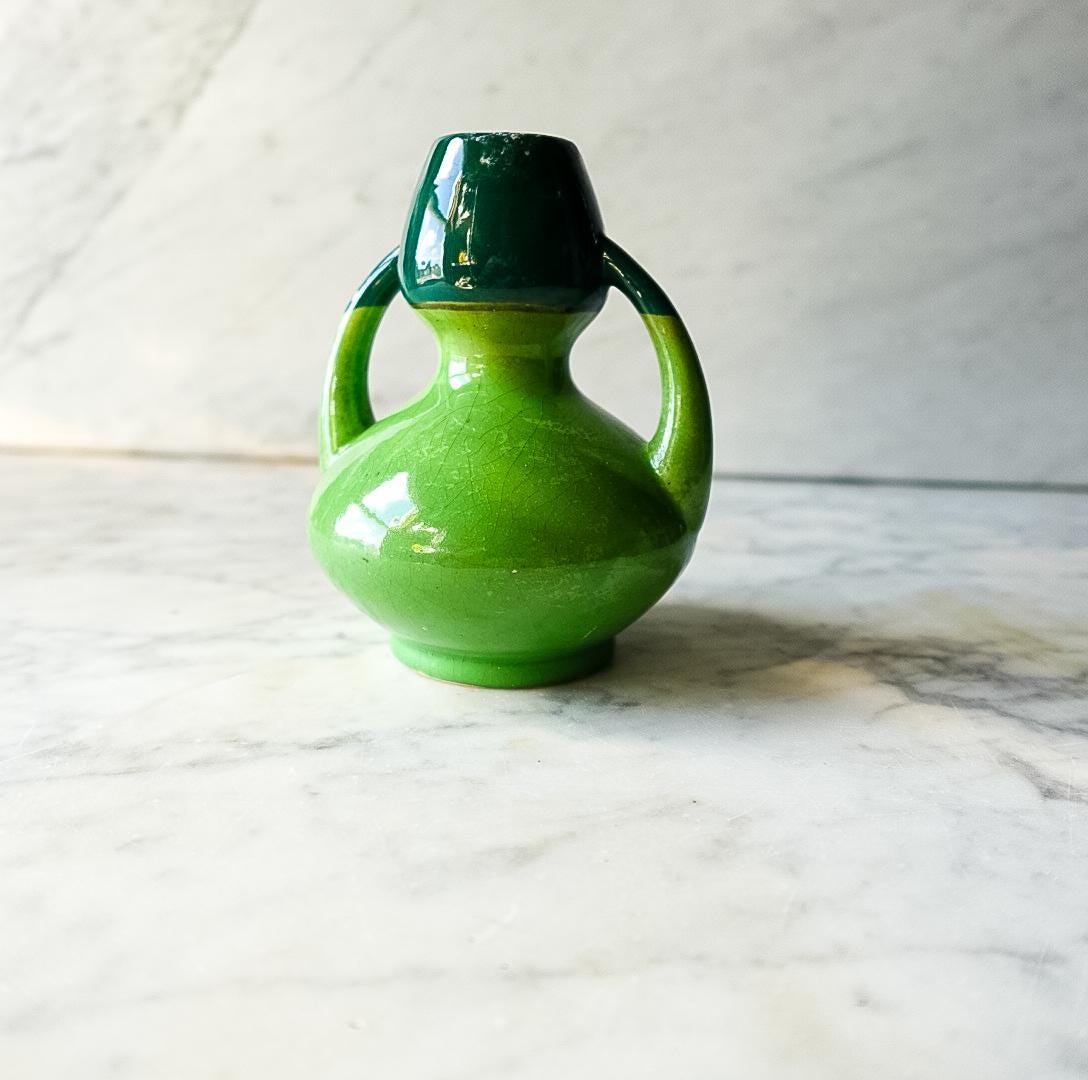 Green Holland Bulb Bud Vase with Boys Running Holding Hands