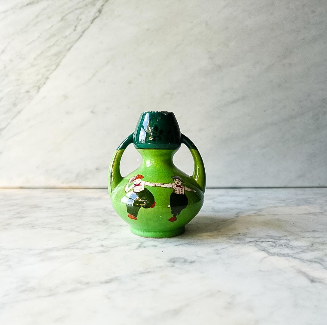 Green Holland Bulb Bud Vase with Boys Running Holding Hands