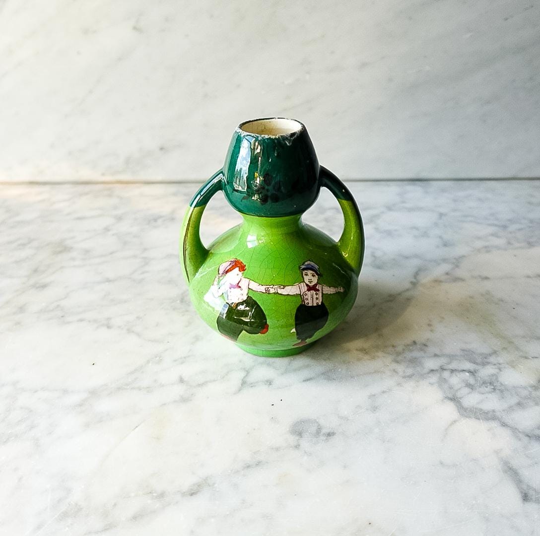 Green Holland Bulb Bud Vase with Boys Running Holding Hands