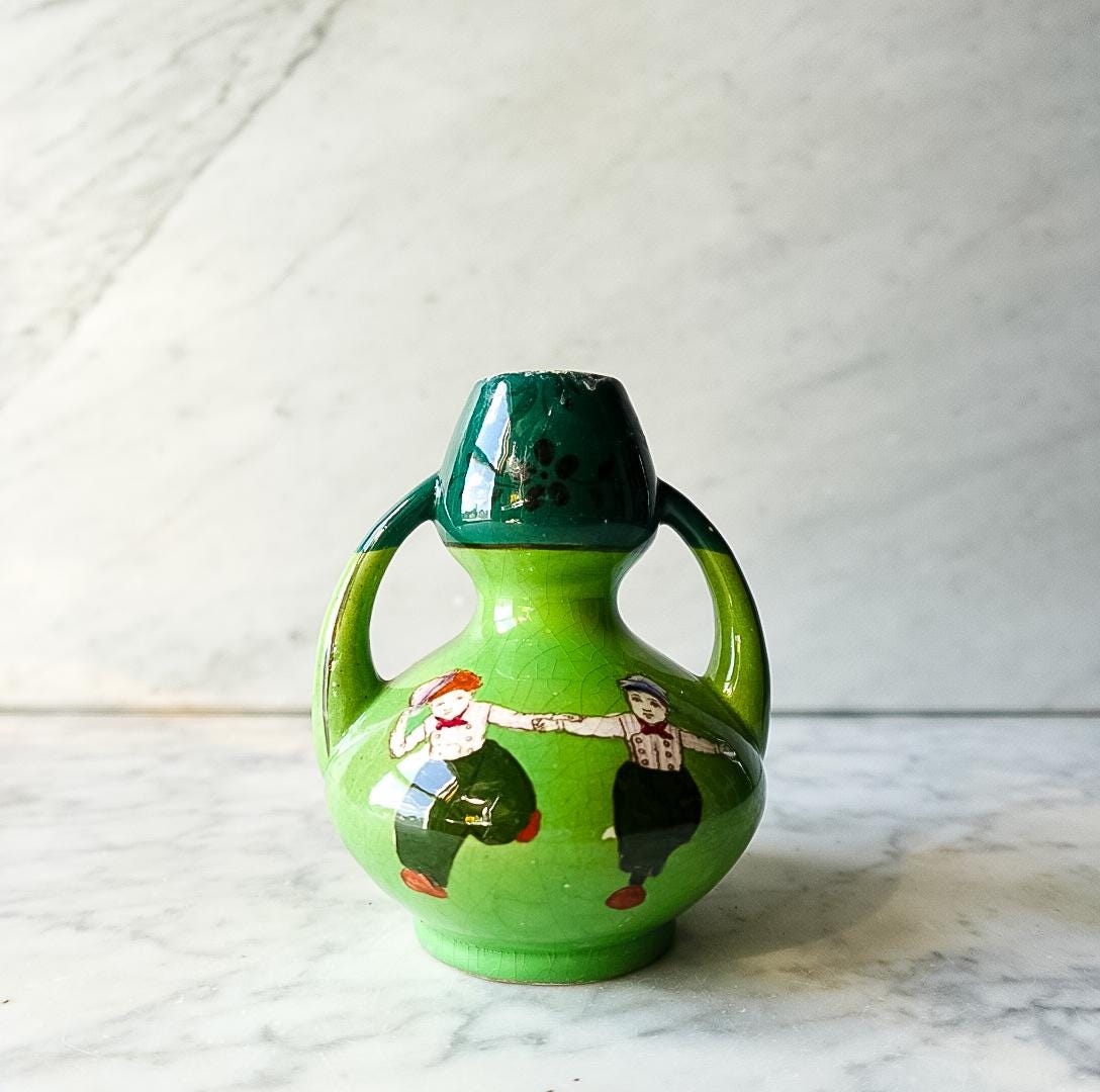 Green Holland Bulb Bud Vase with Boys Running Holding Hands