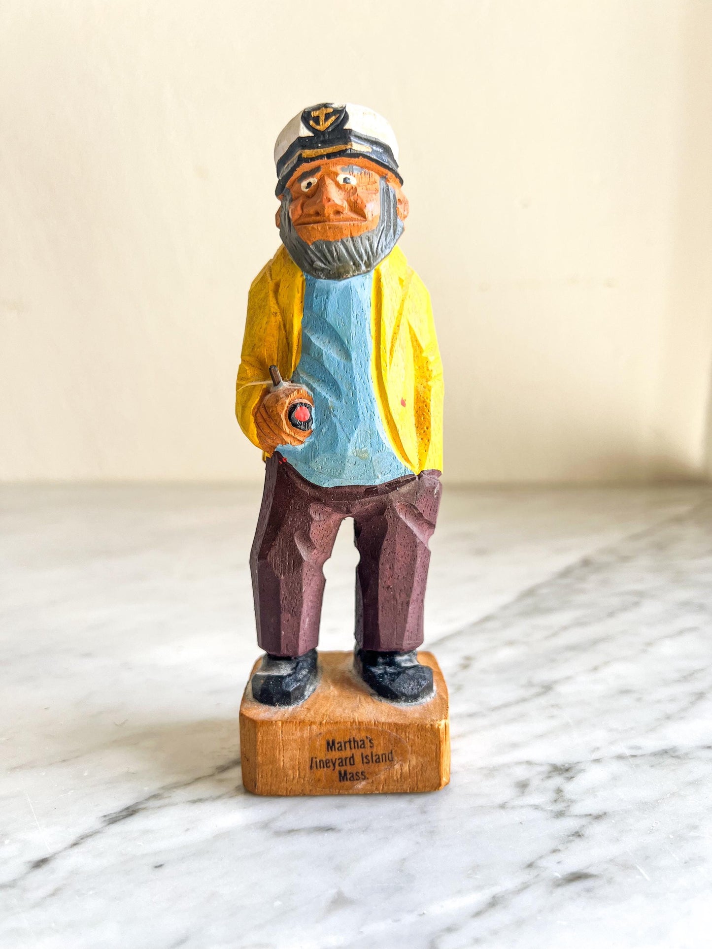 Vintage 6" Wooden Old Salt Sea Captain Carved Figurine, Old Salt Dog Collectible, Nautical Sailor, Fisherman Red Jacket & Black Boots, Fish