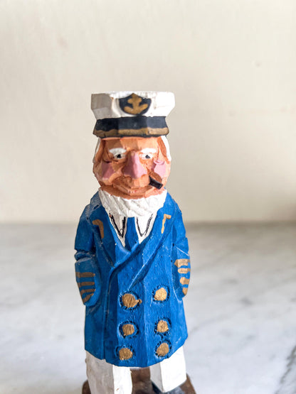 Vintage 6" Wooden Old Salt Sea Captain Carved Figurine, Old Salt Dog Collectible, Nautical Sailor, Fisherman Red Jacket & Black Boots, Fish