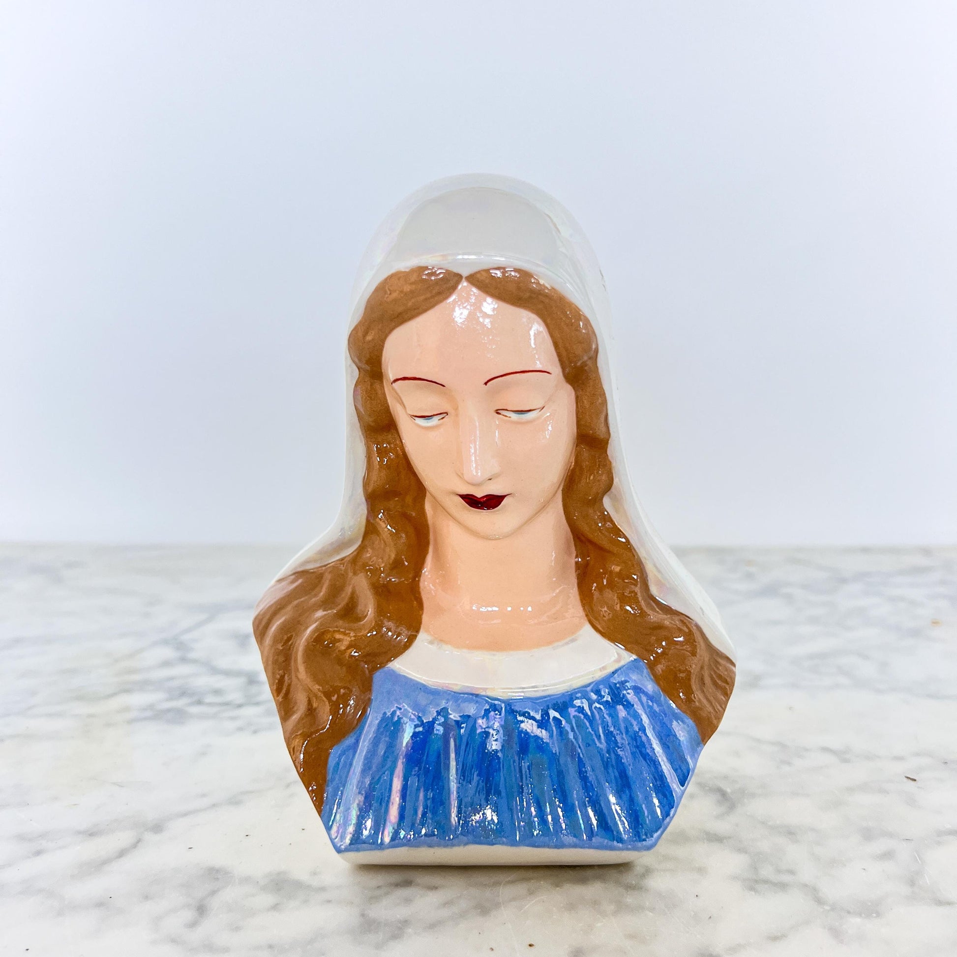 Mid-Century Madonna Bust – Blue Ceramic Religious Figure